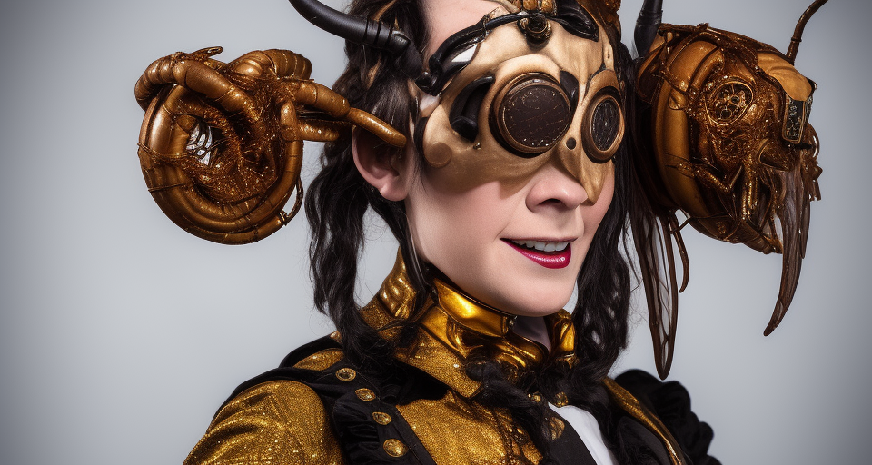 A mechanical hornet of some kind protrudes from a smiling performers head. The copper clothing is very steampunk detailed.